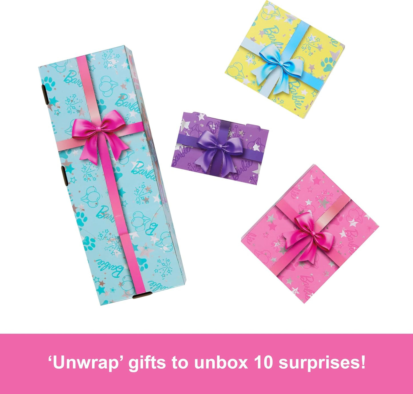Barbie Party Unboxed Boneca e Acessórios, Azul - Estrelas, Série de Aniversário de Animais de Estimação Estrelas, Corações, Laços, Conjunto com 10 Surpresas, Incluindo Mudança de Cor e Atividade de Decoração de Bolo