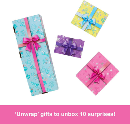 Barbie Party Unboxed Boneca e Acessórios, Azul - Estrelas, Série de Aniversário de Animais de Estimação Estrelas, Corações, Laços, Conjunto com 10 Surpresas, Incluindo Mudança de Cor e Atividade de Decoração de Bolo
