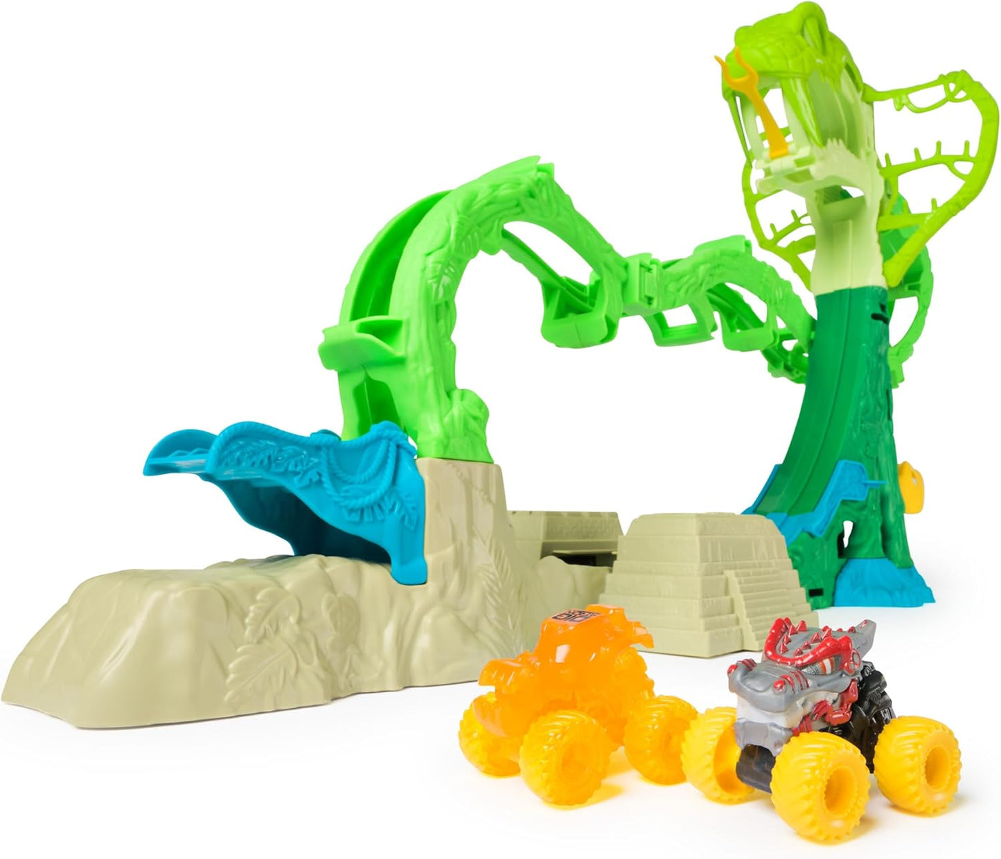 Monster Jam Mini Jams, Cobra’s Crazy Escape, conjunto de brinquedo motorizado de 71,1 cm, com 2 caminhões monstro exclusivos de metal fundido: ThunderROARus e JCB Digatron. Brinquedo infantil para meninos e meninas a partir de 3 anos.
