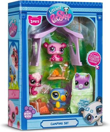 Littlest Pet Shop Série 2 Pacote de Aventura de Acampamento | O pacote contém 3 mini brinquedos LPS, 6 acessórios, 1 cartão colecionável e 1 código virtual | Brinquedos colecionáveis para meninas e meninos