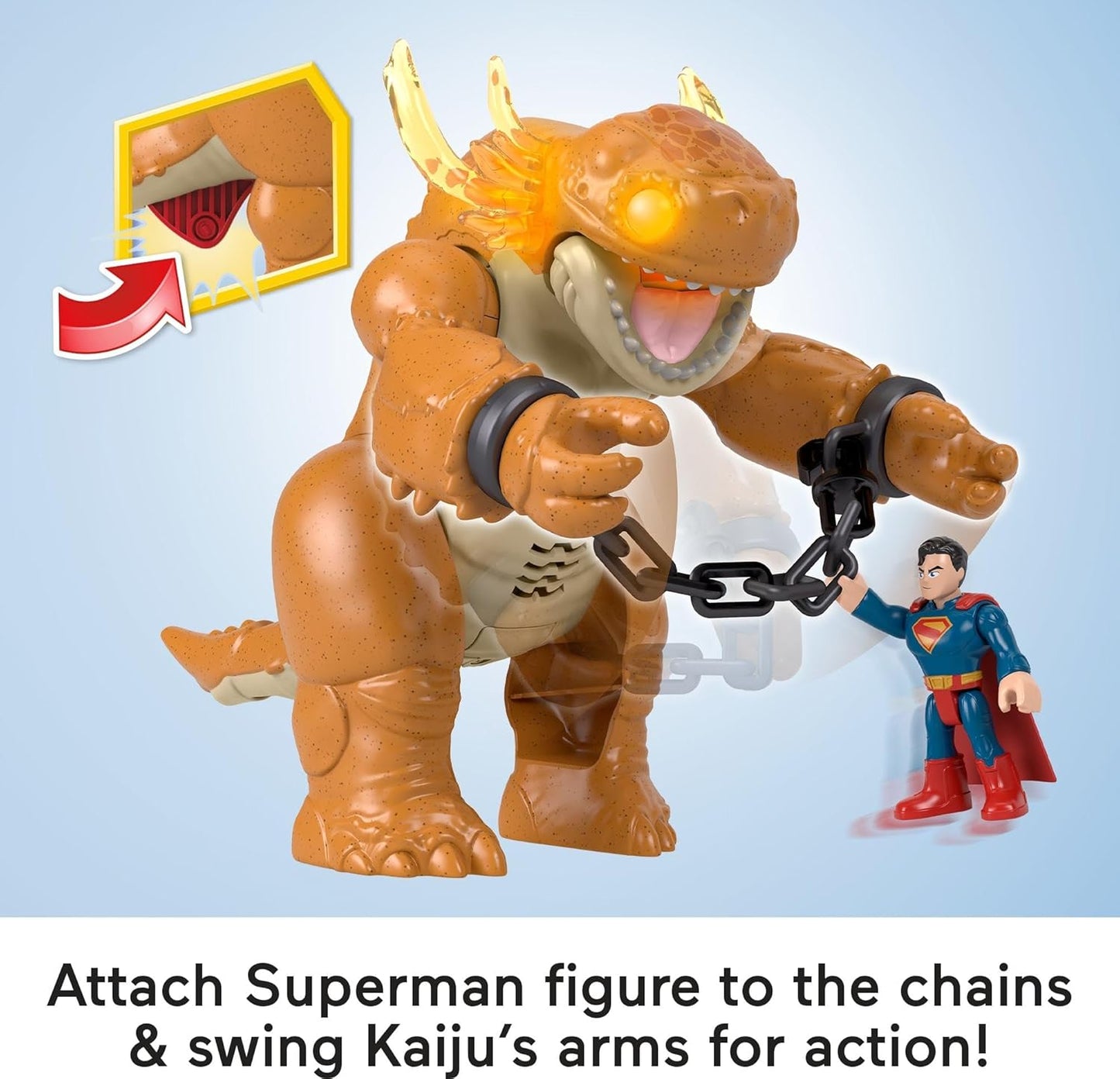 Fisher-Price Brinquedo Imaginext Superman da com luzes, sons, movimento e figura de ação de 7,6 cm, monstro de 25,4 cm com correntes, JDL07