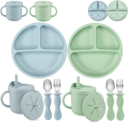 PandaEar Conjunto de alimentação para bebês em silicone | 2 pratos divididos com ventosas e 2 copinhos com 2 colheres e 2 garfos | Utensílios para alimentação independente para bebês (azul claro/verde claro)