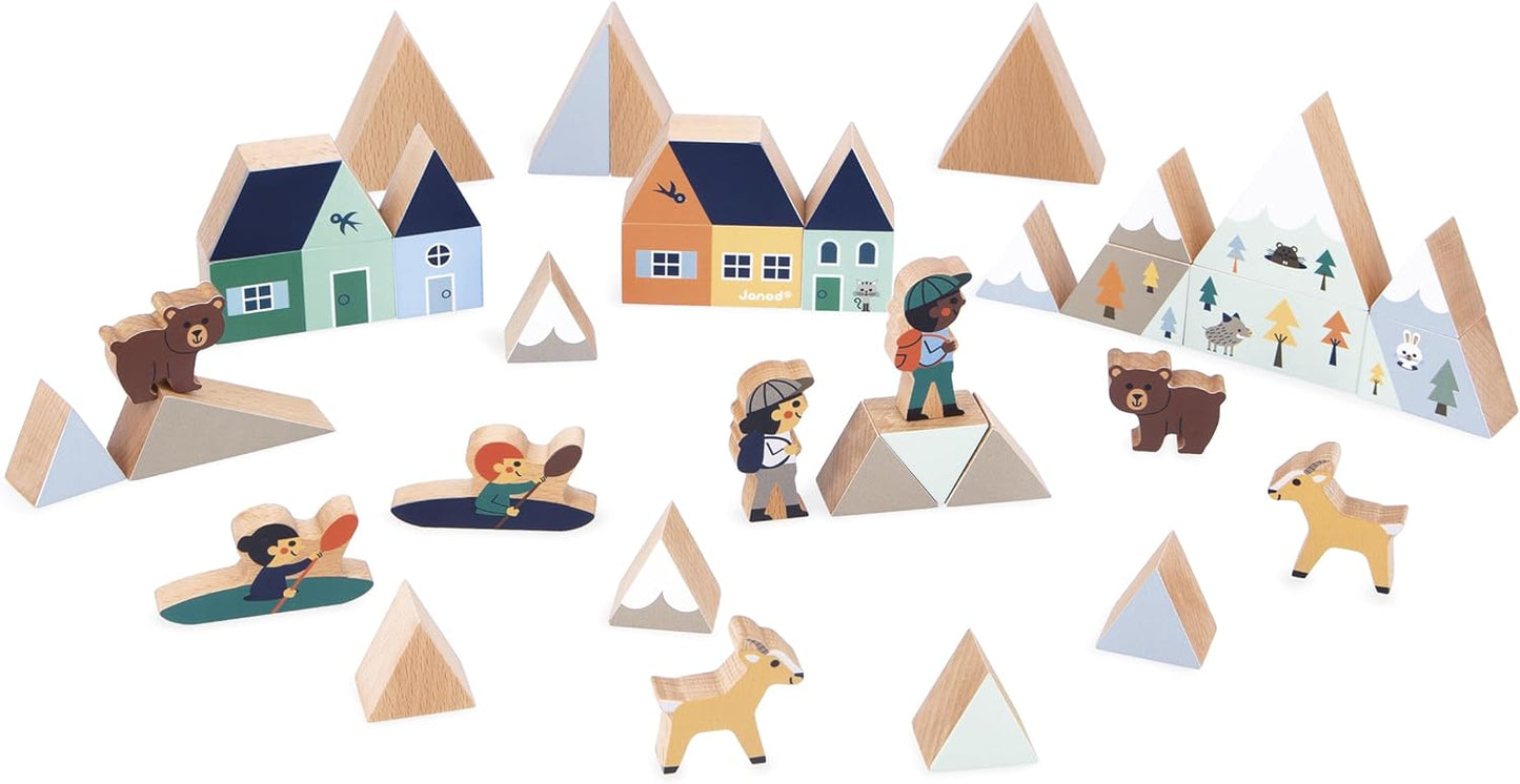 Janod - Conjunto de 34 cubos de madeira maciça - Tema Montanhas Nevadas - Complemento ideal para tapetes de carro - Brinquedo de construção - Desenvolve a imaginação - FSC Madeira
