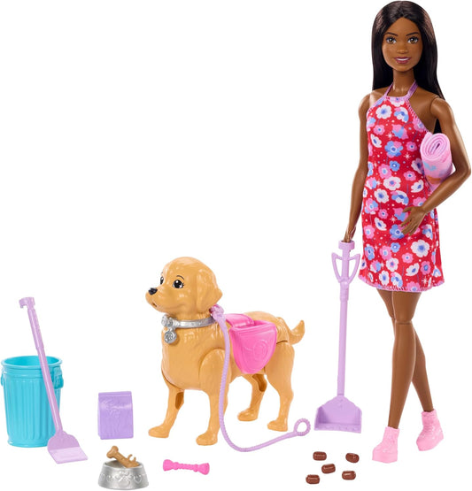 Barbie Conjunto de Brinquedo Cachorrinho Anda e Faz Cocô, Inclui Cachorro de Brinquedo que Anda e Faz Cocô, Boneca Brooklyn, Pá para Cocô e Acessórios para Pets, JJB47
