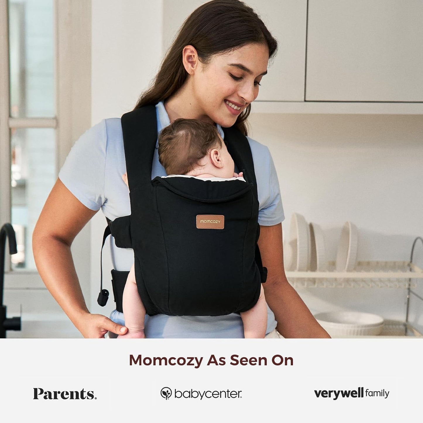 Momcozy Newborn Carrier WeeSnug - Leve e confortável para 3,2-11,3 kg, suporte ergonômico cruzado para as costas, fácil de colocar, carregador de bebê com viva-voz e suporte lombar, preto