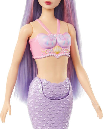 Barbie Bonecas de sereia com cabelo de fantasia e acessórios de faixa de cabeça, brinquedos de sereia com corpete inspirado em conchas e caudas coloridas, HR03
