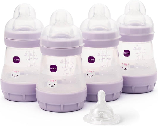 MAM Mamadeiras anticólicas Easy Start | Pacote com 4 (4 x 160 ml) | Mamadeira autoesterilizável | Bicos MAM de fluxo lento tamanho 1 + 1 bico de fluxo médio tamanho 2 | Iris (Vários modelos)