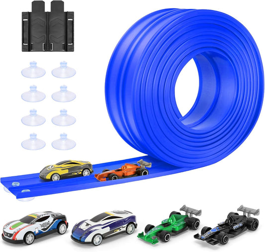KETIEE Pista de corrida de 5m com 4 carrinhos: Pista de corrida flexível com rampas para carrinhos de brinquedo, enrolável e portátil, com saltos, loops e rampas para carrinhos de escala 1/64, para crianças a partir de 3 anos, azul.