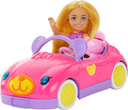 Barbie Chelsea - Juego de muñeca y coche de juguete con accesorio convertible y osito de peluche con temática de oso, muñeca rubia pequeña con falda y zapatos extraíbles, HXN05