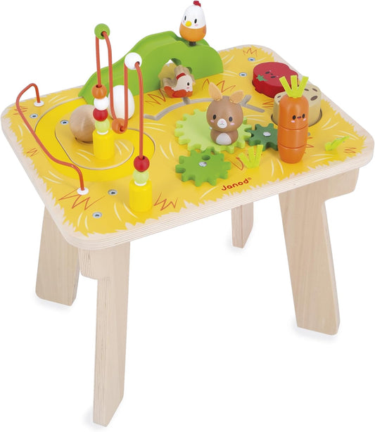 Janod - Mesa de Atividades de Madeira Tema Fazenda - 8 Atividades para Crianças - Altura da Mesa 32cm - Brinquedos de Desenvolvimento - Coordenação Motora Fina - Mesa de Madeira FSC - A partir de 12 meses, J03321