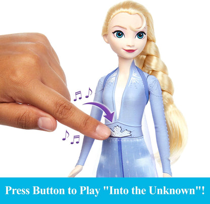 Mattel Boneca Disney Frozen Elsa Cantante com Traje Clássico; canta "Into the Unknown" em 4 idiomas (inglês, francês, alemão e italiano) do filme Disney Frozen 2 – JDL60