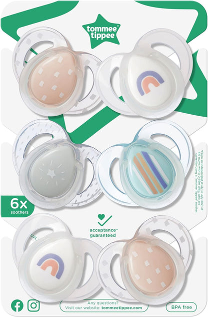 Tommee Tippee Chupeta noturna, 6-18 meses, pacote de 6 chupetas que brilham no escuro com baglet de silicone simétrico