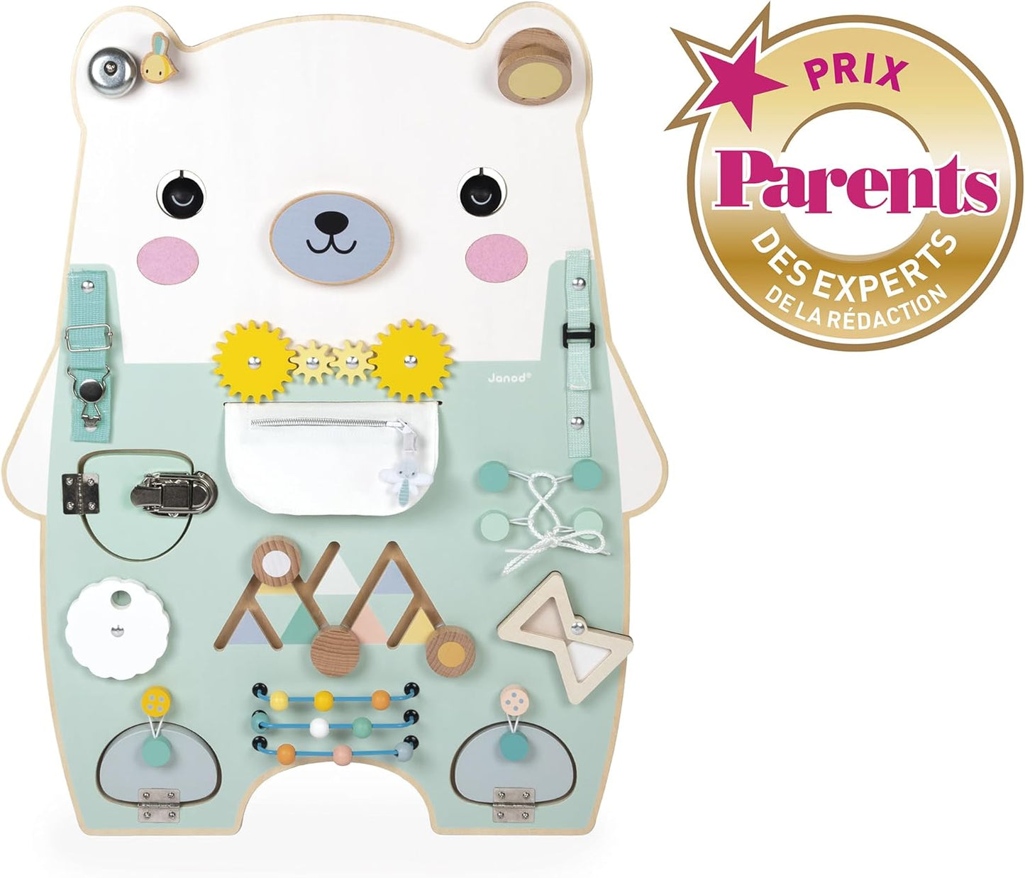 Janod - Busy Board Ourson - 20 atividades - Grande quadro de atividades de madeira - Ideal para desenvolvimento motor fino, curiosidade e destreza - Altura 60 cm - A partir de 18 meses, J05162