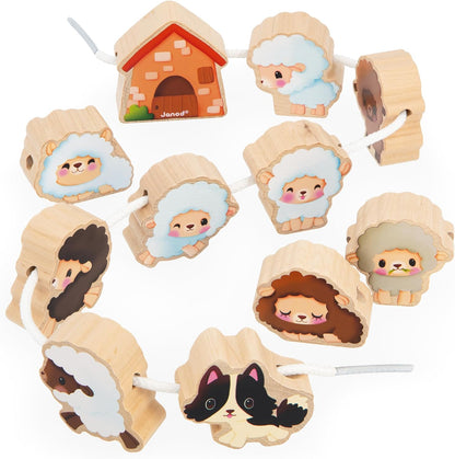 Janod - Hilo de cuentas - Tema de oveja - Juguete de aprendizaje temprano - 11 cuentas de madera + 2 asas para niños pequeños - Desarrolla la destreza - Juguete de madera FSC - 24 meses +,