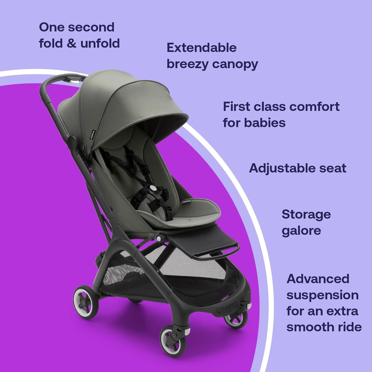 Bugaboo Butterfly, pequeno e leve, fácil de dobrar em 1 segundo, carrinho urbano ergonômico e extra espaçoso de bebê a criança, direção confortável, preto/verde floresta