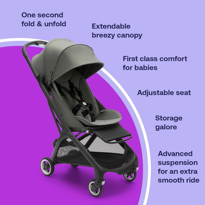 Bugaboo Butterfly, pequeno e leve, fácil de dobrar em 1 segundo, carrinho urbano ergonômico e extra espaçoso de bebê a criança, direção confortável, preto/verde floresta