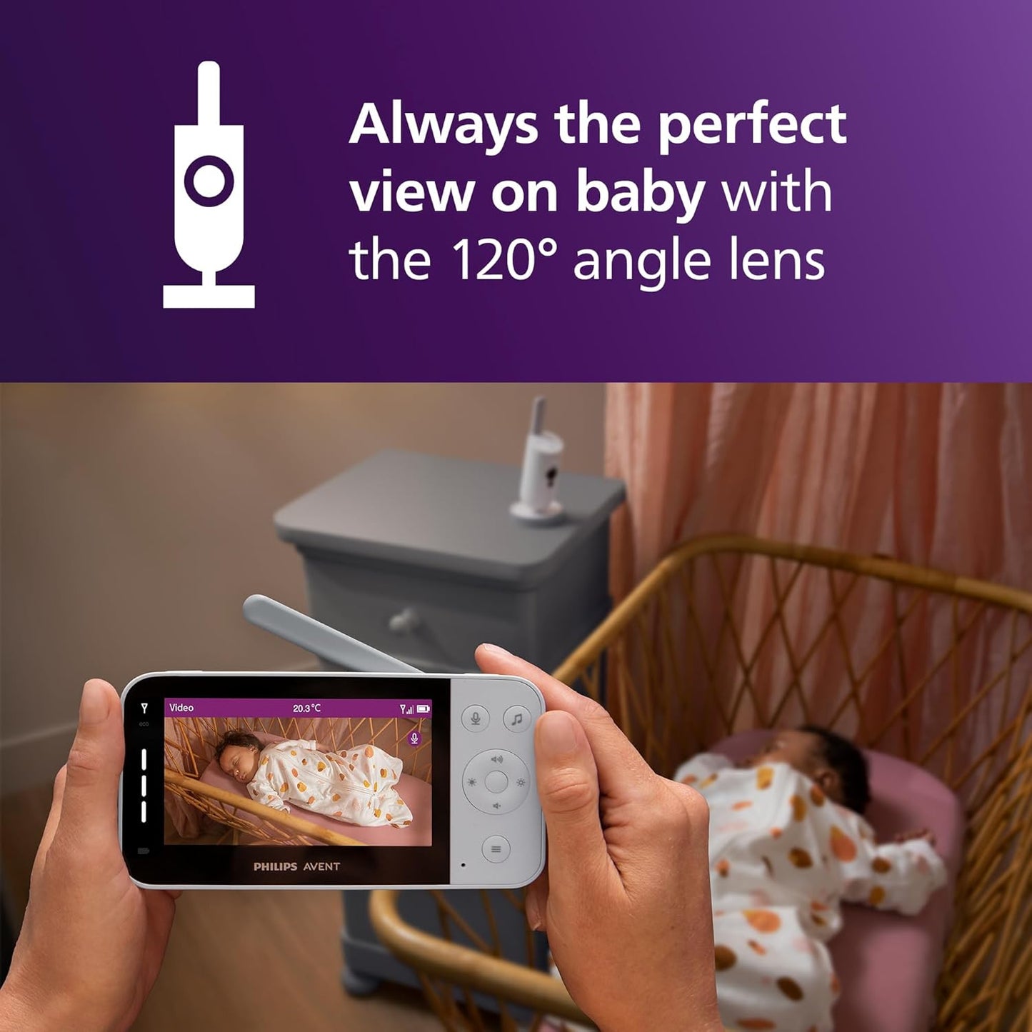 Philips Avent Monitor de bebê conectado com Wi-Fi, câmera HD, visão noturna infravermelha, detecção de choro, áudio bidirecional, 12 horas de tela no modo econômico, modelo SCD951/26