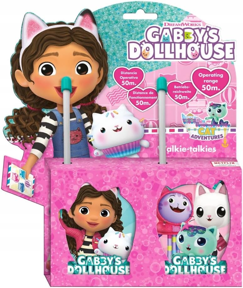 Gabby’s Dollhouse Walkie-talkies 3D para crianças a partir de 3 anos | Alcance de 50 m com antena integrada, botão de pressionar para falar, conjunto de brinquedo de comunicação leve | 2 unidades para presente