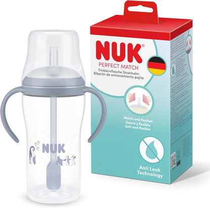 NUK Copo de Treinamento com Canudo Perfect Match | 8+ meses | 260 ml | Copo com canudo antivazamento | Alças antiderrapantes | Pinguim | 1 unidade