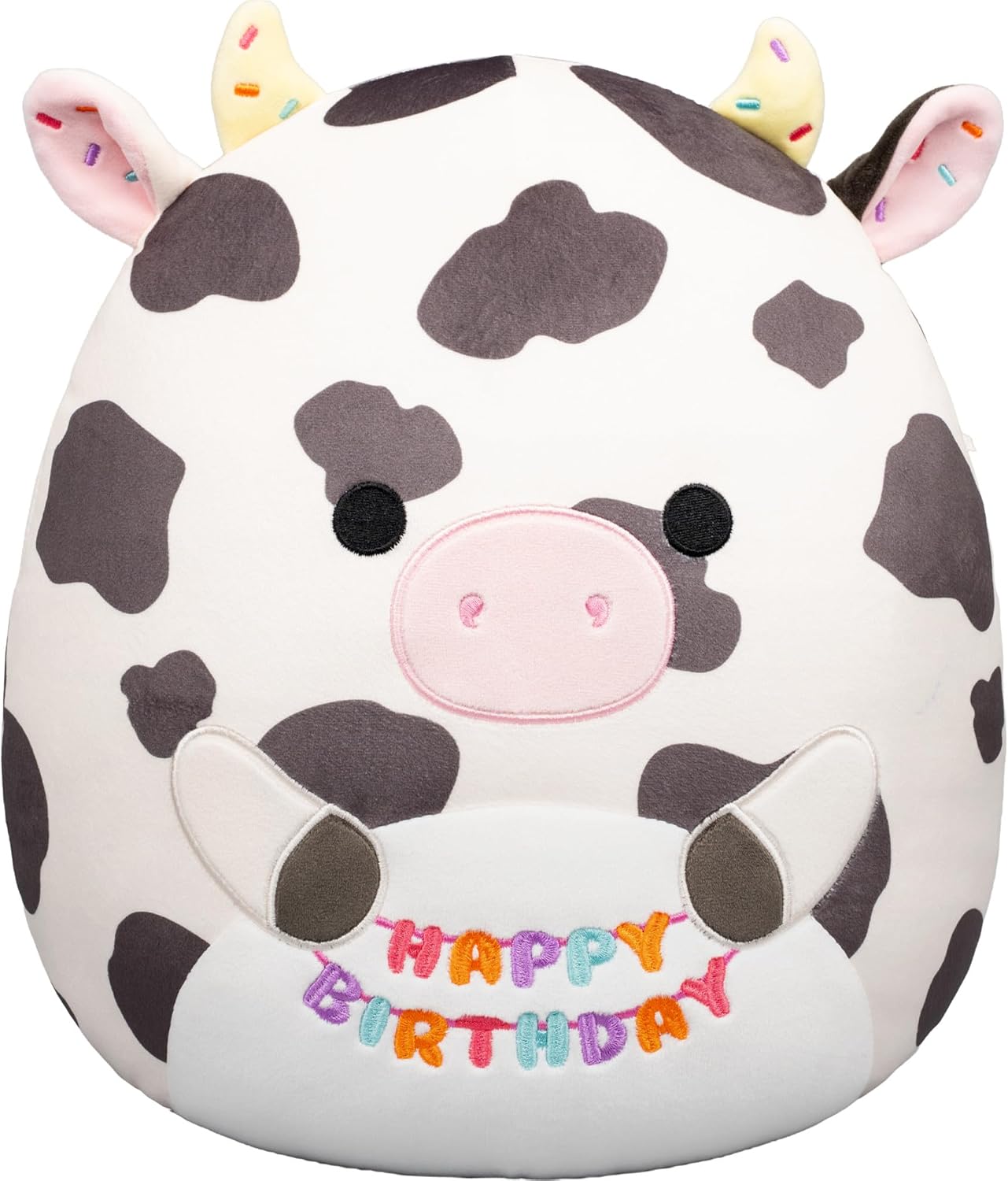 Squishmallows Original de 12 Polegadas – Colin, a Vaca Malhada, Segurando Placa de Aniversário – Pelúcia Oficial Jazwares (Tamanho Médio)