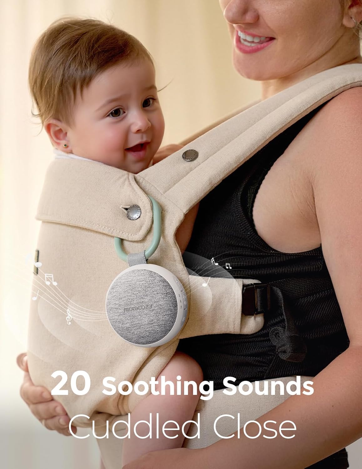 Momcozy Máquina de som portátil com luz noturna, máquina de som de ruído branco para bebês, 20 sons suaves, terapia sonora, potência duradoura, temporizador, clipes para carrinho, presentes para chá de bebê