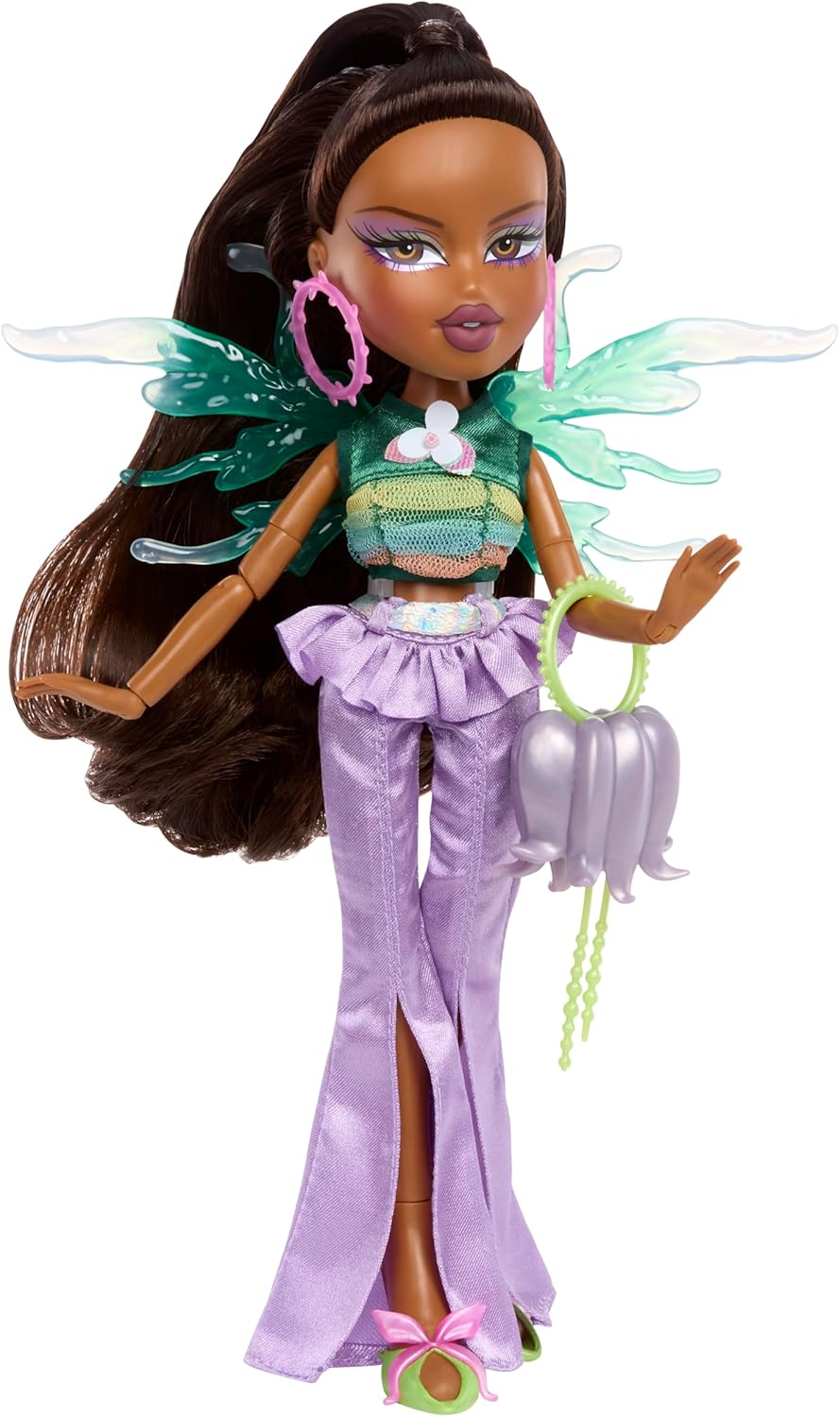 Bratz Fashion Pixiez Sasha - Boneca colecionável de fantasia com roupas e acessórios de verdade, asas que se transformam em anel, roxa, 29 cm
