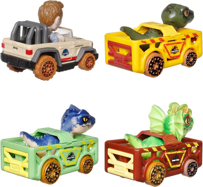 Hot Wheels Carros de brinquedo, RacerVerse 4 pacotes de veículos fundidos apresentando personagens do Jurassic World Charlie, Owen, Dilophosaurus e Allosaurus como motoristas, HKD32