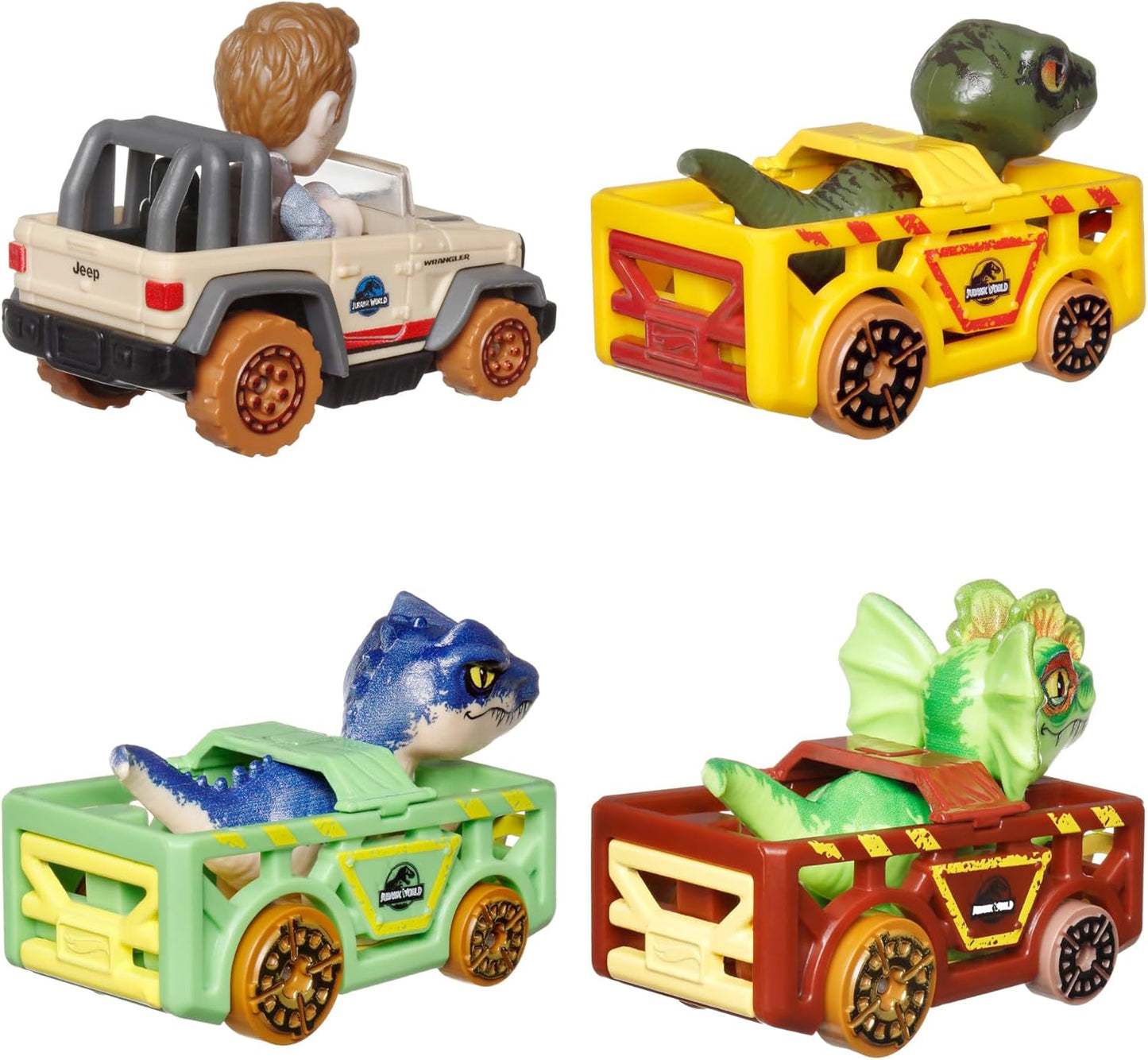 Hot Wheels Carrinhos RacerVerse com 4 veículos de metal fundido, apresentando os personagens de Jurassic World Charlie, Owen, Dilofossauro e Alossauro como pilotos, HKD32