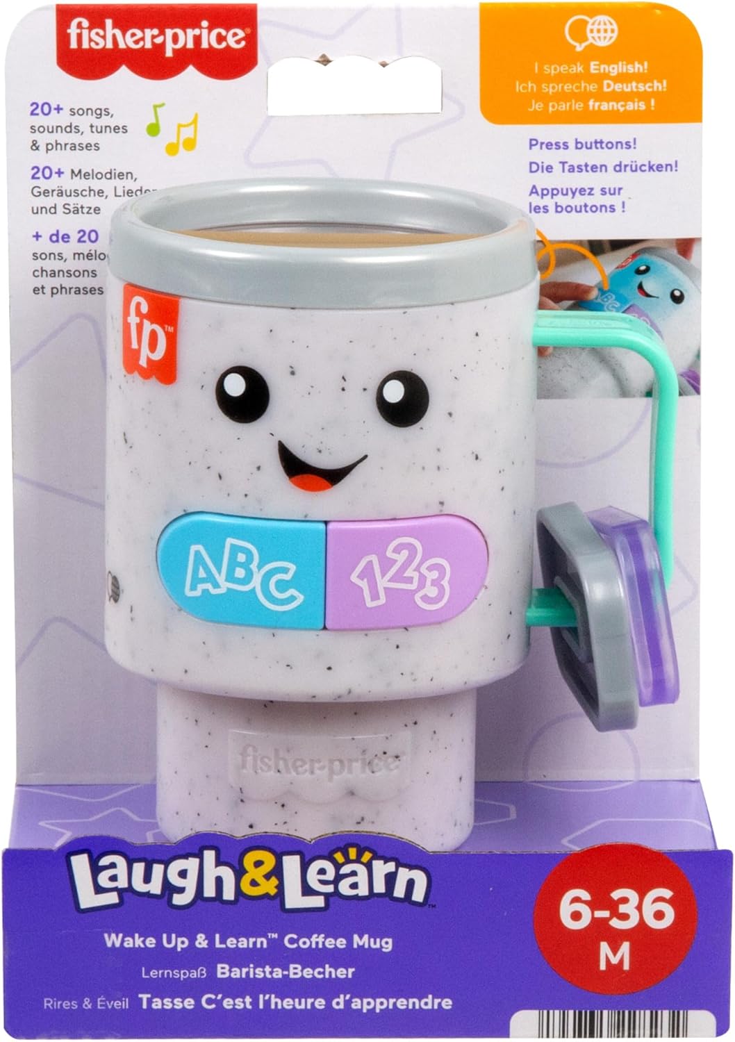 Fisher-Price Laugh & Learn - Caneca de Café com Luzes e Música para Bebês e Crianças a partir de 6 Meses, Versão Multilíngue, HXF49