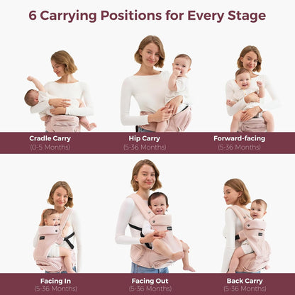 Momcozy Baby Carrier com assento para quadril, 2 em 1, voltado para a frente, para bebês ativos, carregador removível sem as mãos para até 20 kg, carregador infantil respirável, adequado para cinturas de até 120 cm, AirMesh rosa