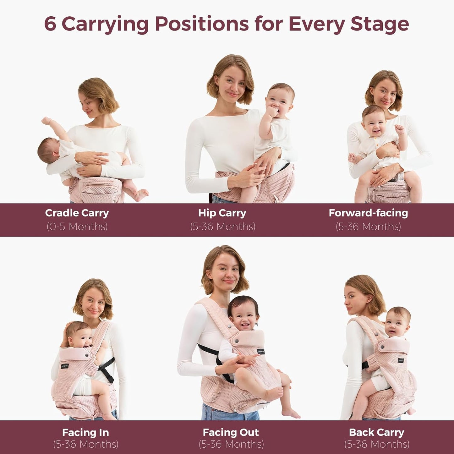 Momcozy Canguru com assento de quadril, 2 em 1 para carregar o bebê de frente para a rua, canguru destacável para uso com as mãos livres até 20 kg, canguru respirável para bebês com cintura de até 120 cm, AirMesh rosa