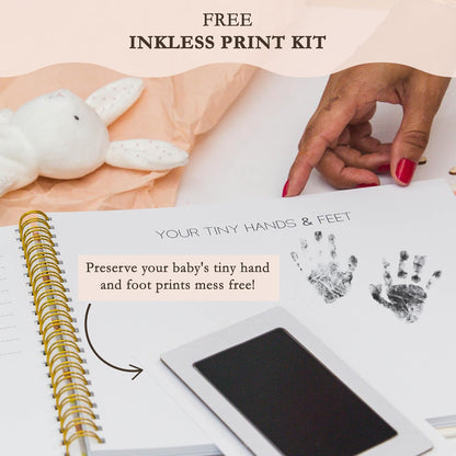 Livro de memórias LOVE ON para bebês com kit de mãos e pés sem tinta grátis - Diário dos primeiros 5 anos para bebês com capa elegante de linho e folha de ouro em relevo - Inclusivo para todos os tipos de família