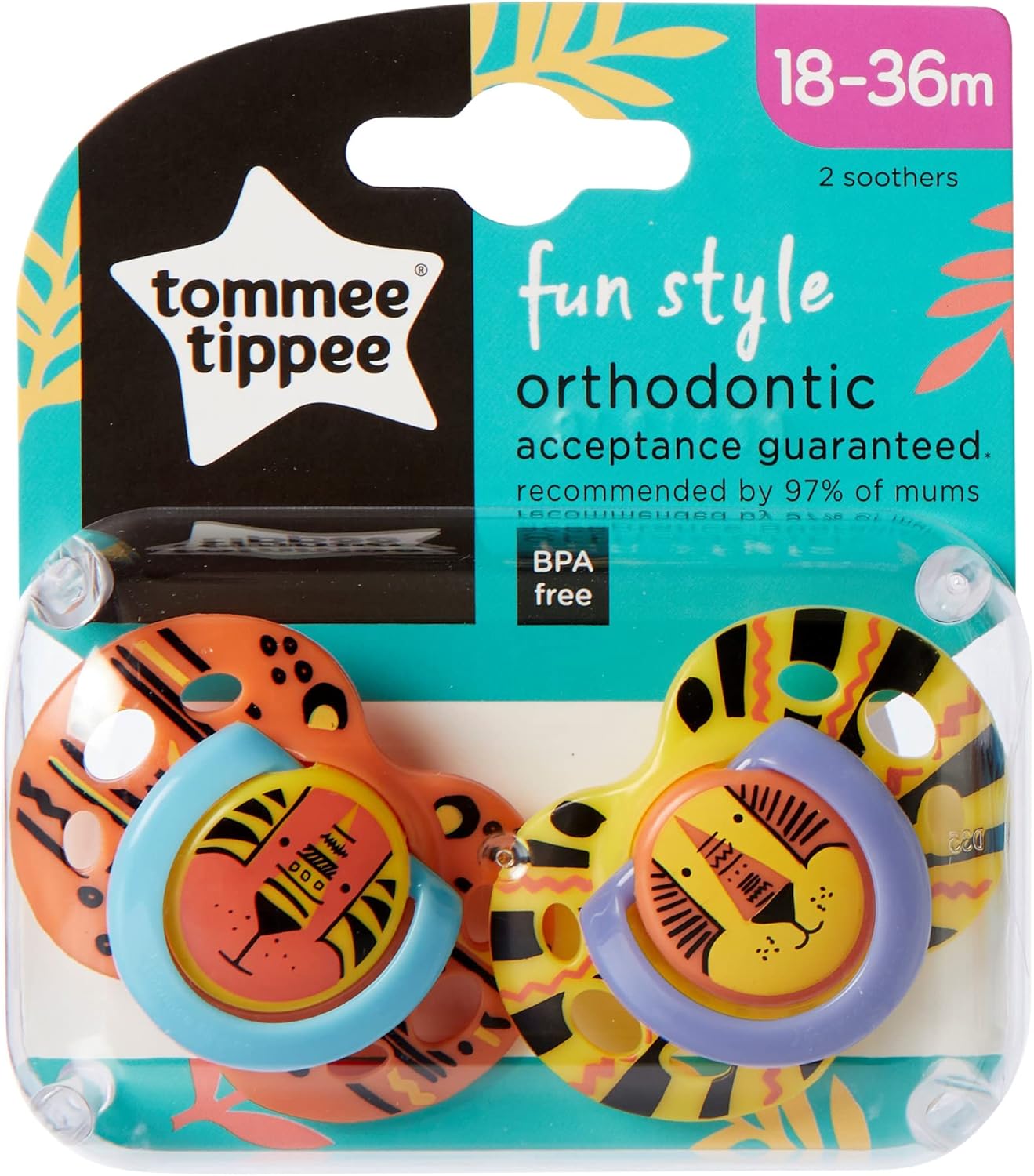 Tommee Tippee Chupetas Fun Style, 18-36 m, pacote com 2, design ortodôntico simétrico, silicone sem BPA, as cores podem variar