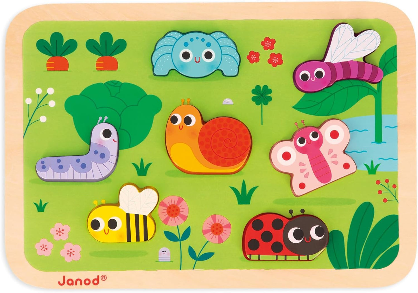 Janod - Quebra-cabeça robusto “The Garden” - Madeira FSC - 7 peças - Desenvolve habilidades motoras finas, concentração e imaginação - 18 meses +,