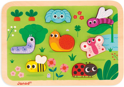 Janod - Quebra-cabeça robusto “The Garden” - Madeira FSC - 7 peças - Desenvolve habilidades motoras finas, concentração e imaginação - 18 meses +,