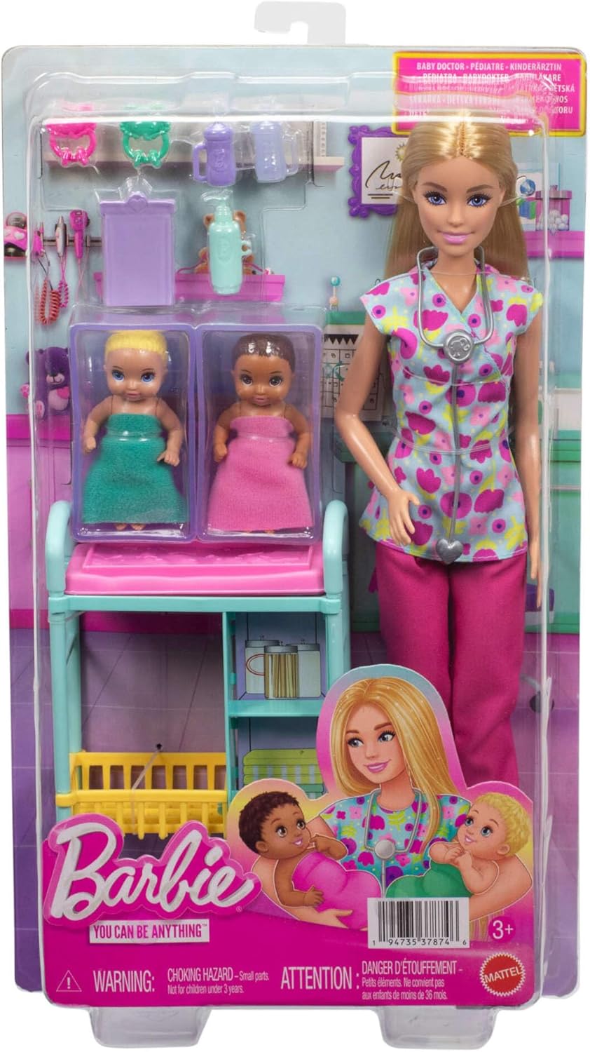 Barbie Careers Baby Doctor Playset com boneca loira de uniforme médico, 2 bonecas bebês, mesa de exame e acessórios, JMK12