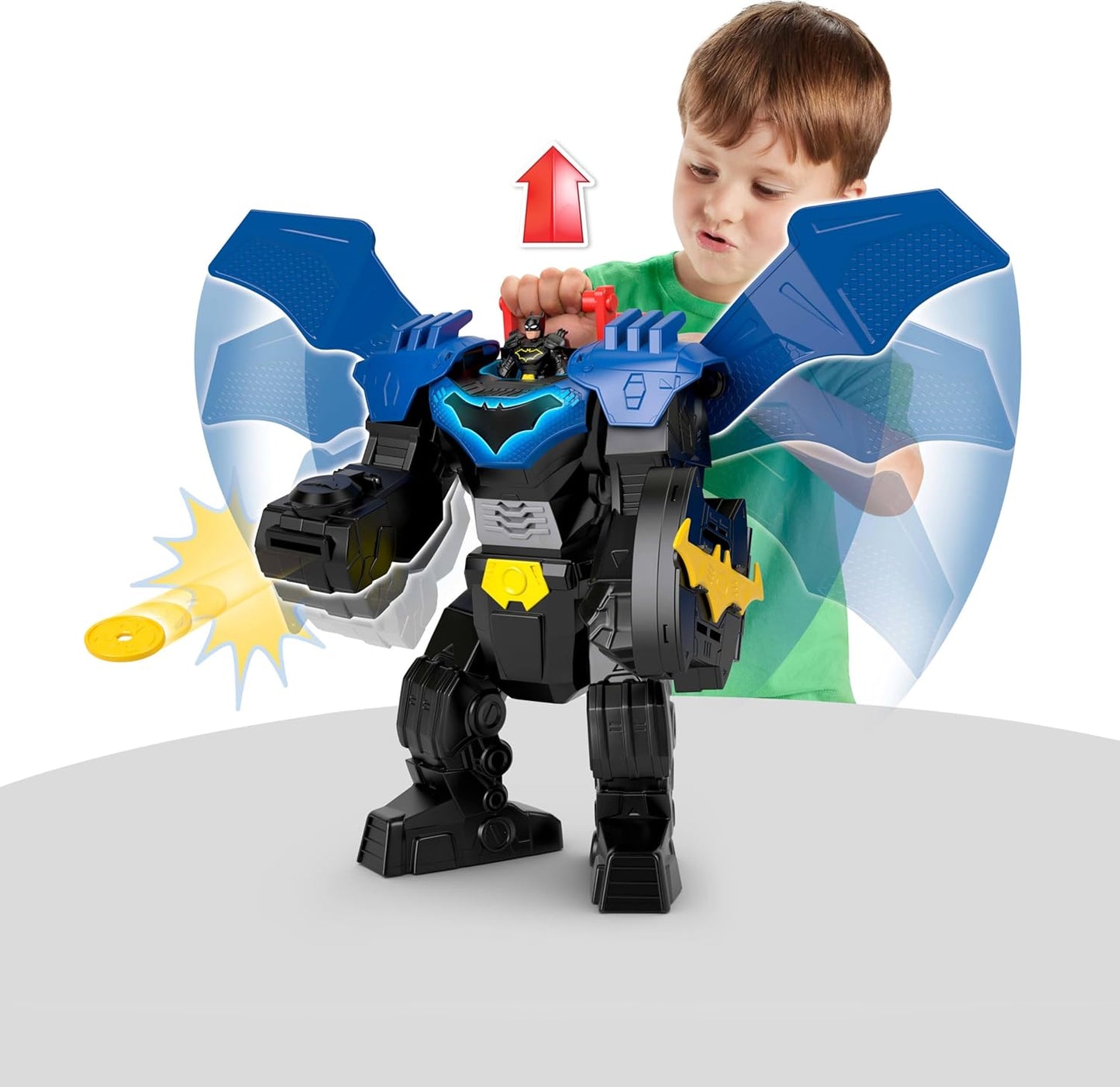Fisher-Price Imaginext DC Super Friends Batman Robô de Voo com Luzes, Sons, Movimento e Figura de Ação de 7,6 cm (3 polegadas), Brinquedo de 37 cm (14,5 polegadas) Inclui Lançador e Discos, JDL03