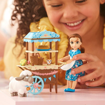 Disney Store Conjunto de Mini Boneca Bela –  Oficial, A Bela e a Fera, 9 peças, kit de figuras com acessórios, incluindo carrinho de comida, Zip e ovelha – Indicado para maiores de 3 anos