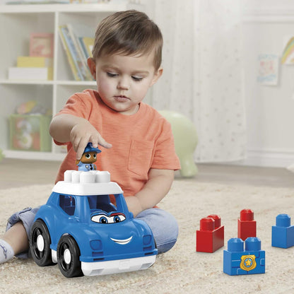 MEGA Conjunto de construção BLOKS Peter Police Car com 1 carro de polícia, 1 policial Block Buddies e 4 blocos de construção grandes, conjunto de brinquedos para presente para maiores de 1 ano