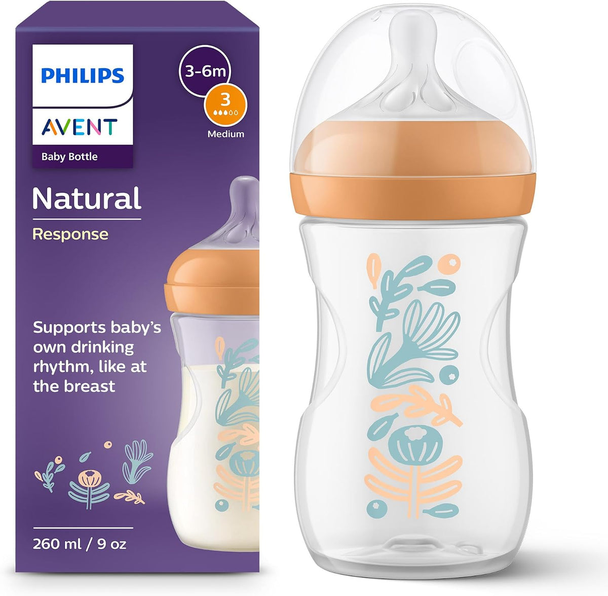 Philips Mamadeira Avent Natural Response – 260 ml, com bico de fluxo médio (fluxo 3), estampa de plantas da floresta, SCY903/74
