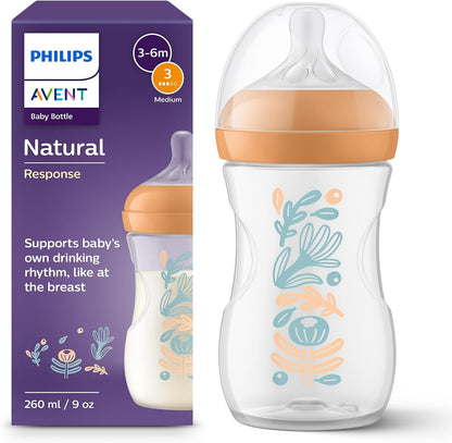 Philips Mamadeira Avent Natural Response – 260 ml, com bico de fluxo médio (fluxo 3), estampa de plantas da floresta, SCY903/74