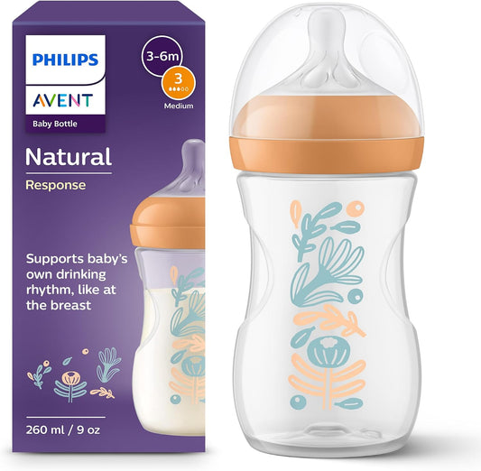 Philips Mamadeira Avent Natural Response – 260 ml, com bico de fluxo médio (fluxo 3), estampa de plantas da floresta, SCY903/74