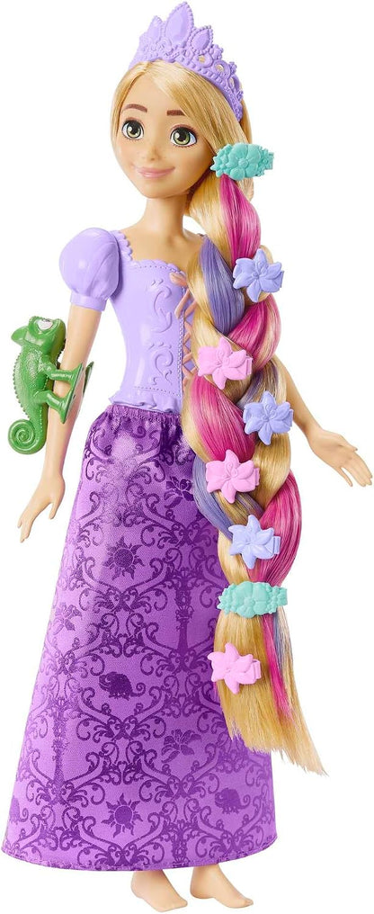 Boneca Rapunzel Disney Princess com apliques de cabelo que mudam de cor e acessórios de penteado