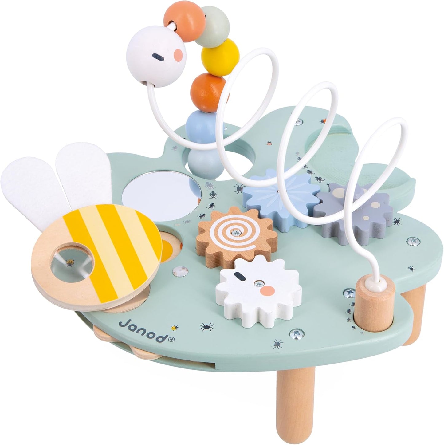 Janod - Mesa de atividades Sweet Cocoon - 5 atividades para os primeiros anos - Brinquedo de aprendizagem precoce - Desenvolve habilidades motoras finas - FSC Wood Activity Leaf - 18 meses +, J04056