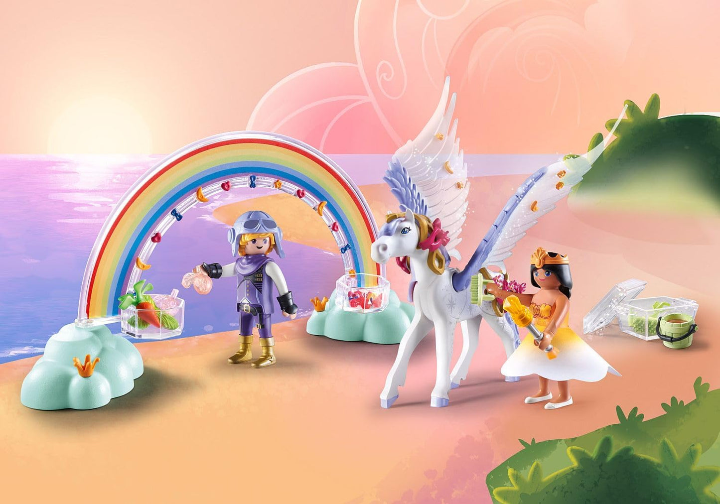 Playmobil 71361 Arco-íris Pegasus com arco-íris nas nuvens, mundo mágico de conto de fadas, dramatização divertida e imaginativa, conjuntos de jogos adequados para crianças de 4 anos ou mais