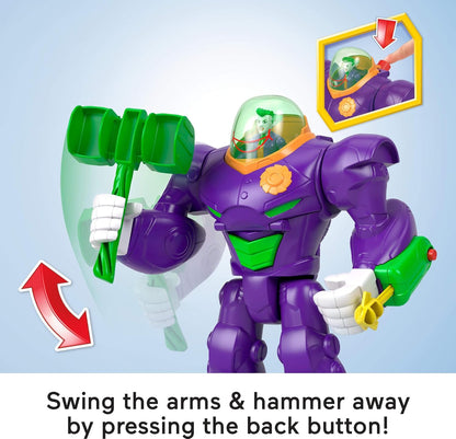 Fisher-Price Imaginext DC Super Friends, Robô Martelo do Coringa, Figura de Ação de 7,6 cm e Conjunto de Acessórios, Brinquedo de 26,7 cm Inclui Lançador, Projétil e Ejetor