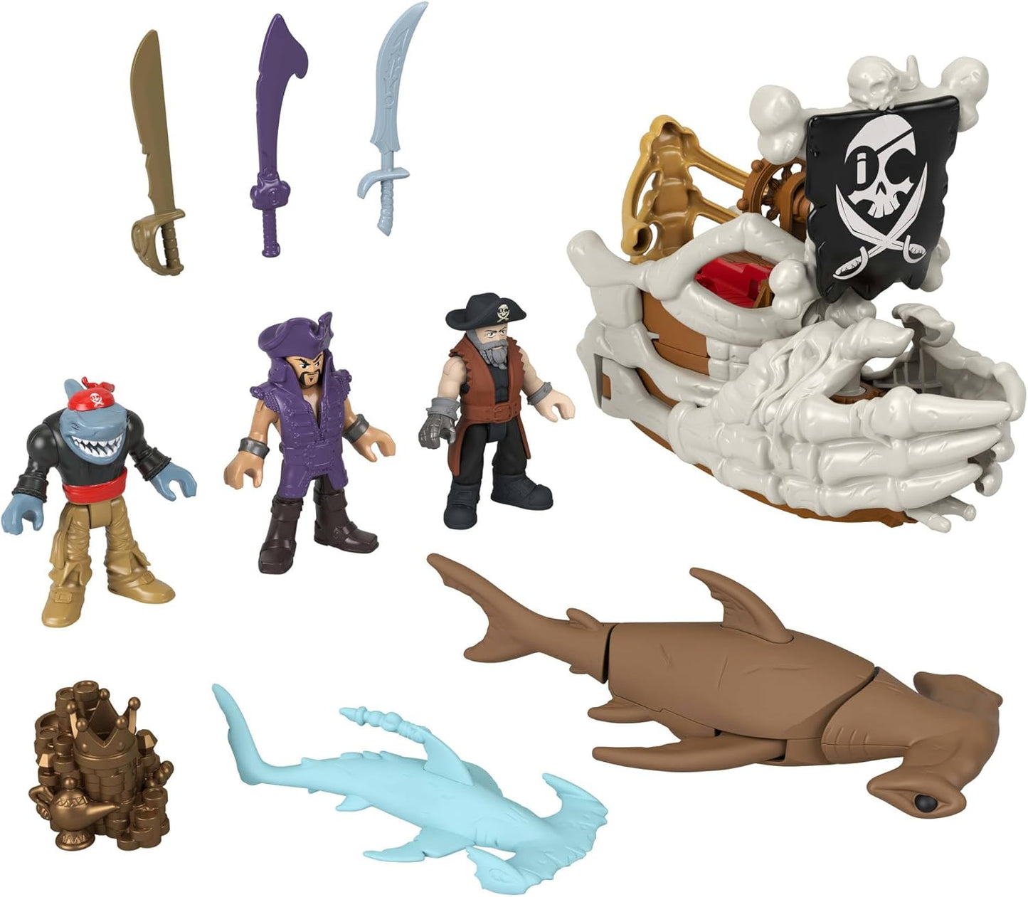 Fisher-Price Conjunto de brinquedo Imaginext Billy Bones Pirata com 3 figuras de ação, barco de brinquedo com mãos de esqueleto e lançador, 7 acessórios, JLC51