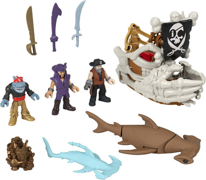 Fisher-Price Conjunto de brinquedo Imaginext Billy Bones Pirata com 3 figuras de ação, barco de brinquedo com mãos de esqueleto e lançador, 7 acessórios, JLC51