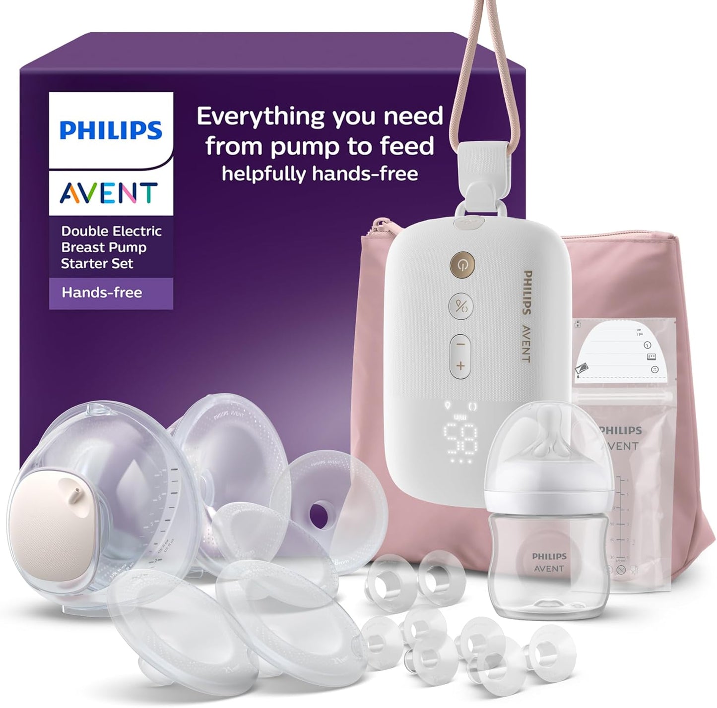 Philips Avent, Kit inicial para bomba tira-leite motor com potência hospitalar, imita o ritmo de sucção do bebê, bombeia até 85 vezes por minuto, com acessórios para alimentação e armazenamento, modelo SCD553/11