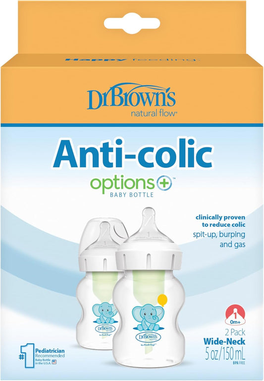 Dr Brown's Natural Flow® Anti-Colic Options+™ Mamadeira de pescoço largo, 5 onças/150 ml, com tetinas de nível 1, pacote com 2, elefante